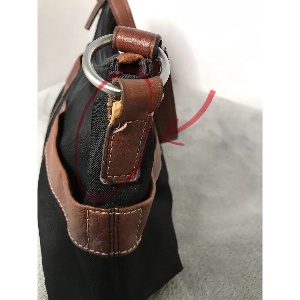 Fossil‎ Tan Black Nylon Leather Trim Shoulder Bag Handbag Hobo Purse READ